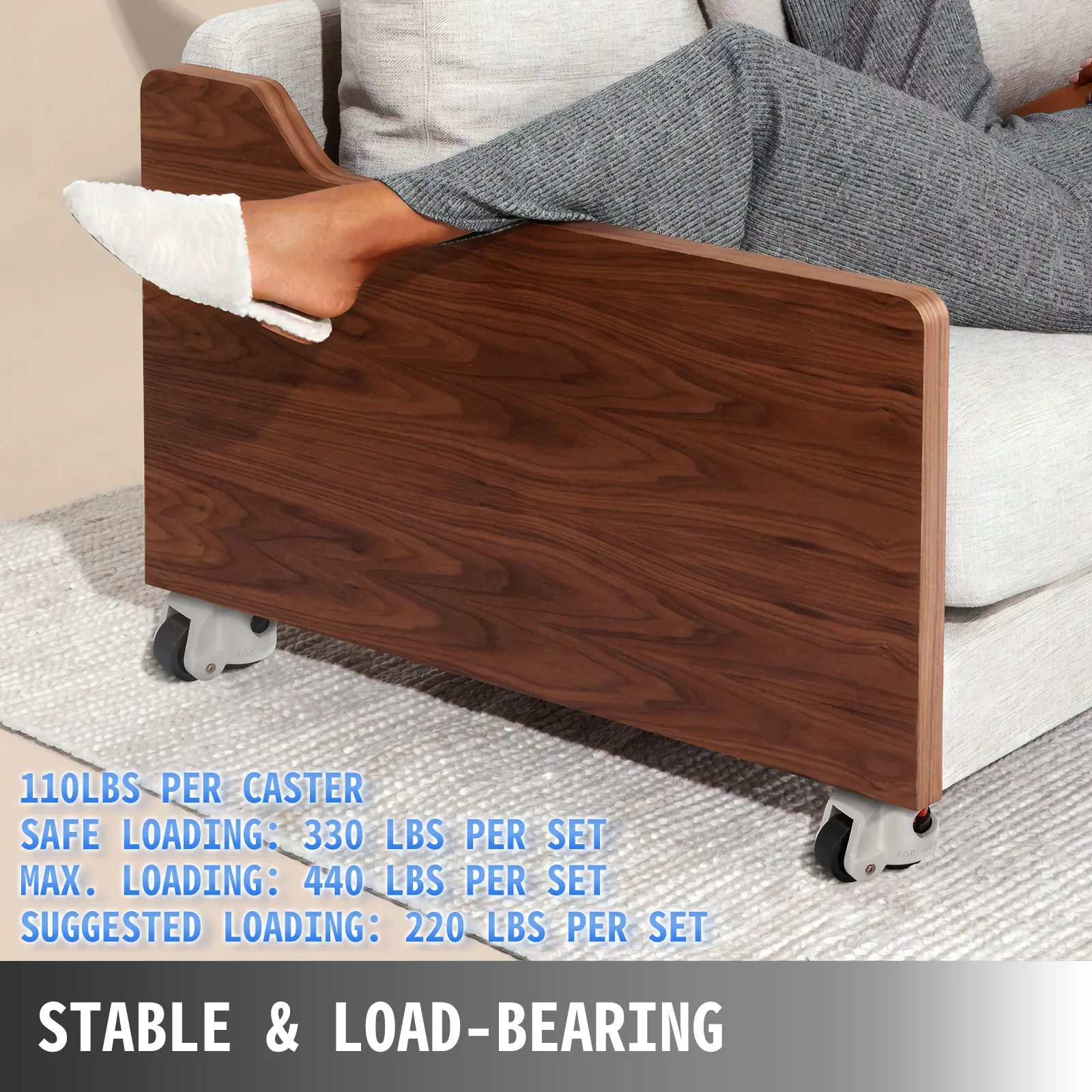 VEVOR leveling casters on wooden furniture against a white couch with stability text.