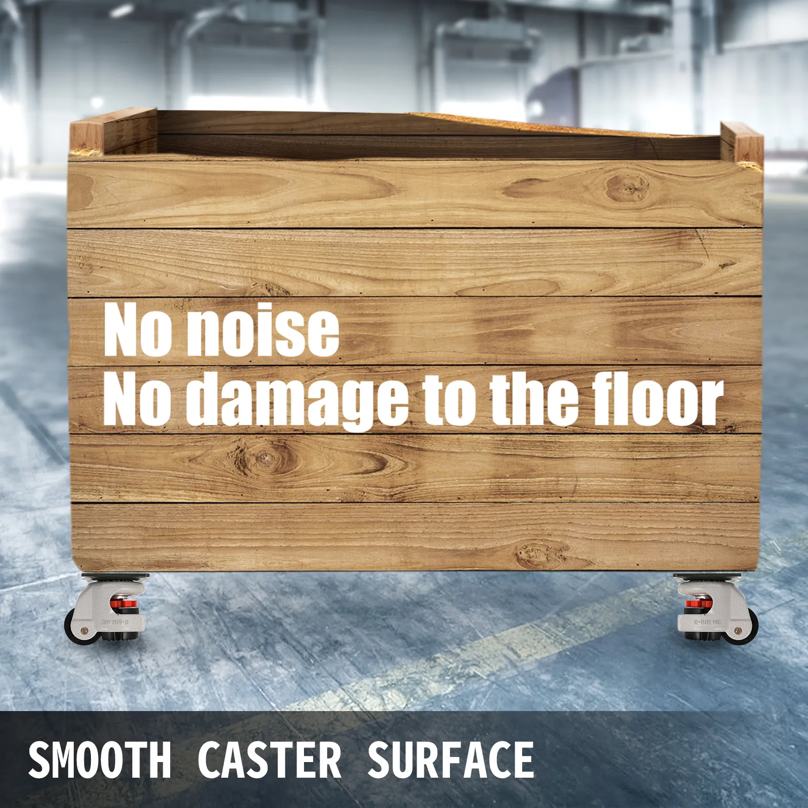 wooden crate on VEVOR leveling casters in a warehouse, promoting no noise or floor damage.