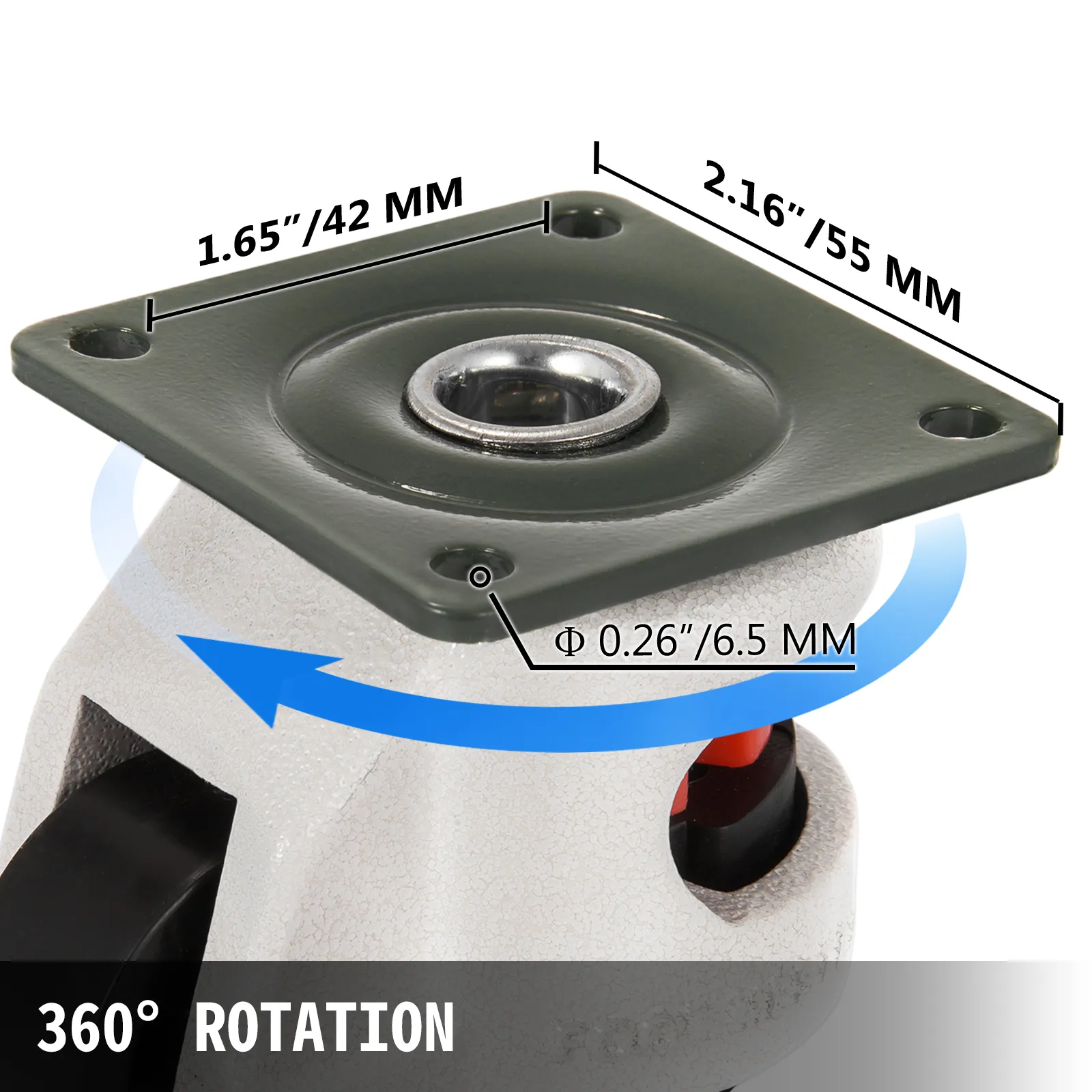 VEVOR leveling casters, 360° rotation, dimensions labeled on the mounting plate.
