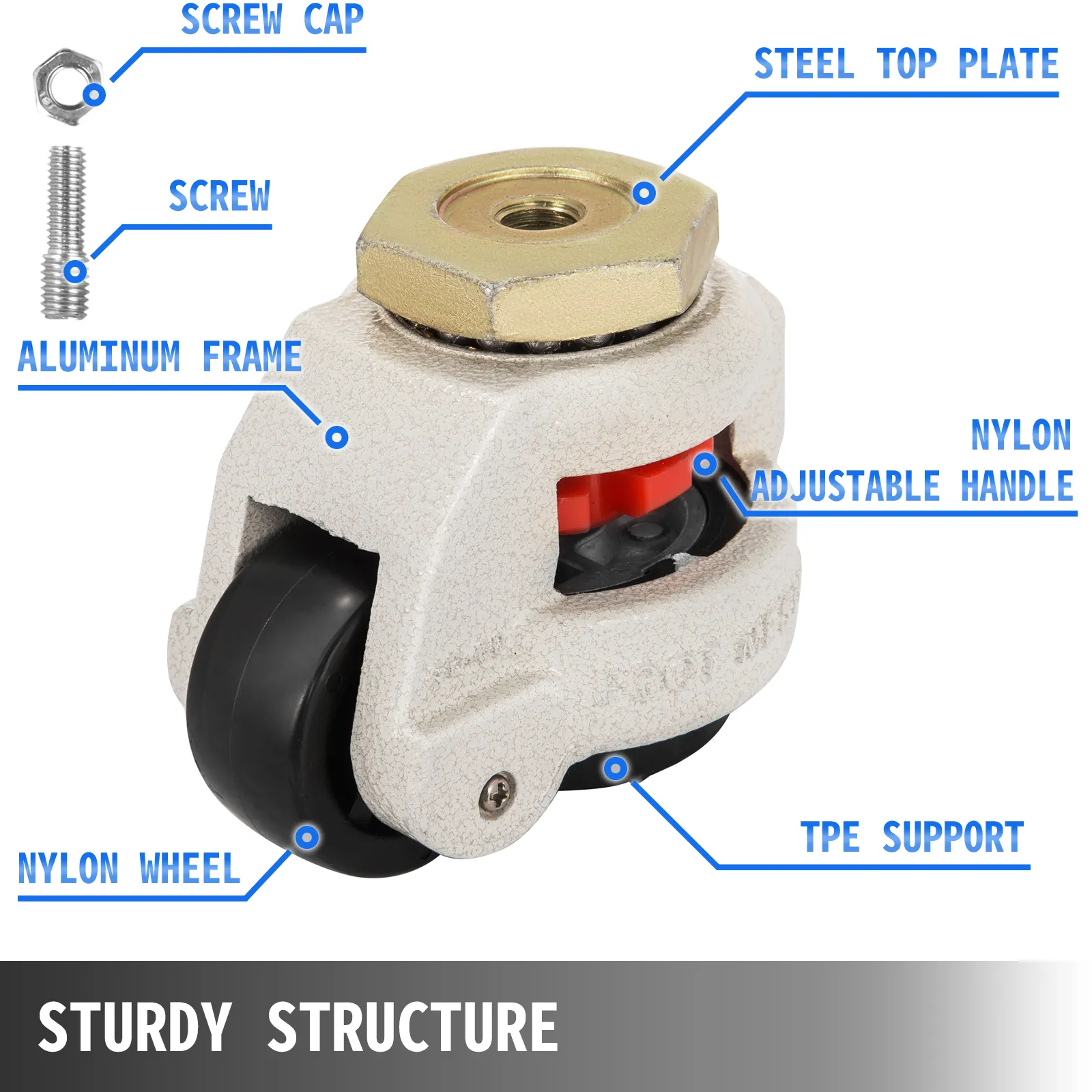 VEVOR leveling casters with steel top plate, aluminum frame, and adjustable handle.