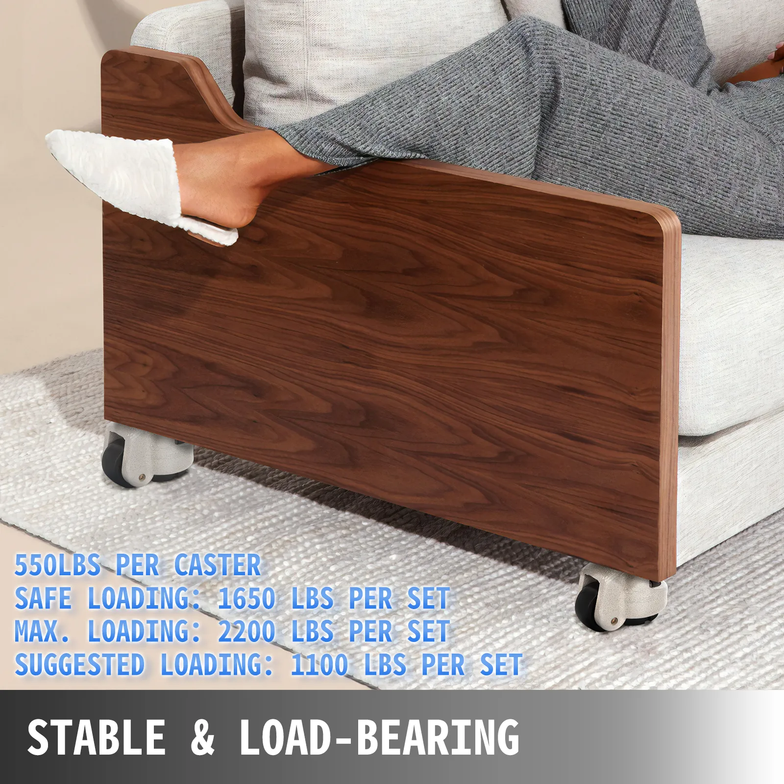 sofa with VEVOR leveling casters and stability/load-bearing info displayed.