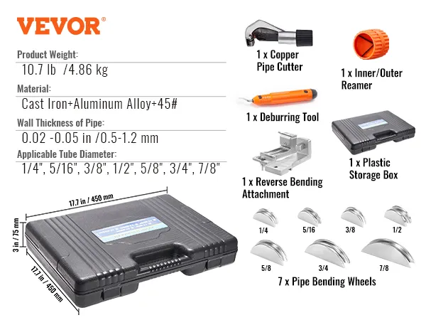 VEVOR pipe tube bender kit with accessories, storage box, and dimensions, suitable for various pipe sizes.