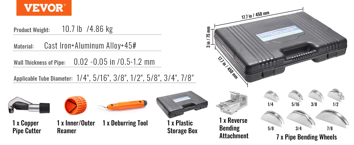 VEVOR pipe tube bender kit with accessories, storage box, and dimensions, suitable for various pipe sizes.