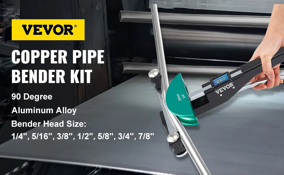 VEVOR copper pipe bender kit in use, demonstrating bending capabilities with various head sizes shown.