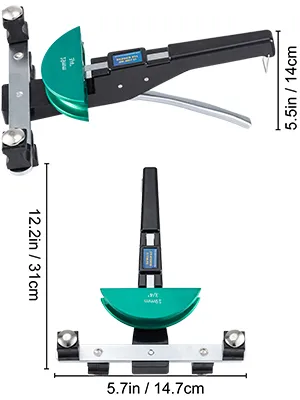 VEVOR copper pipe bender with dimensions 5.7in, 5.5in, and 12.2in. black handle and green bending section.