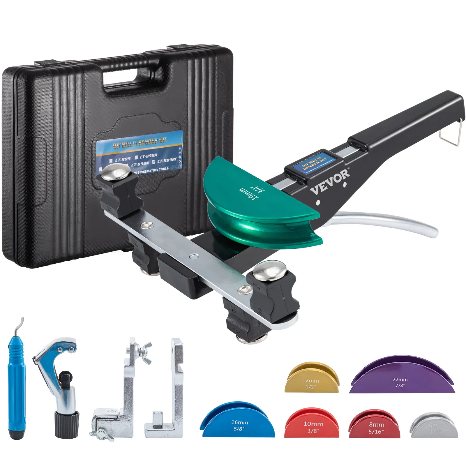 VEVOR copper pipe bender set with case and multiple sized bending dies for professional use.