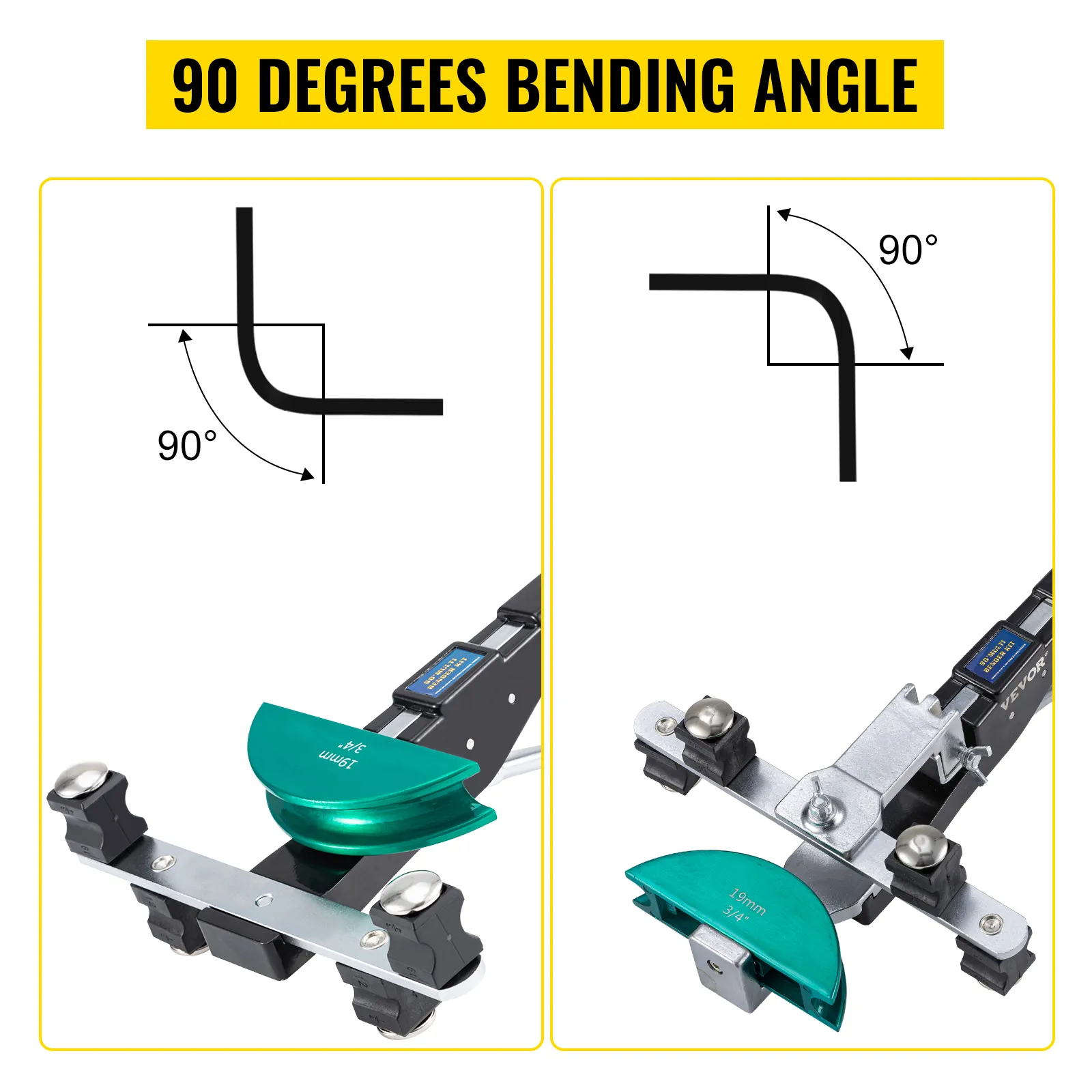VEVOR copper pipe bender demonstrating 90-degree bending capacity with detailed images and angles.
