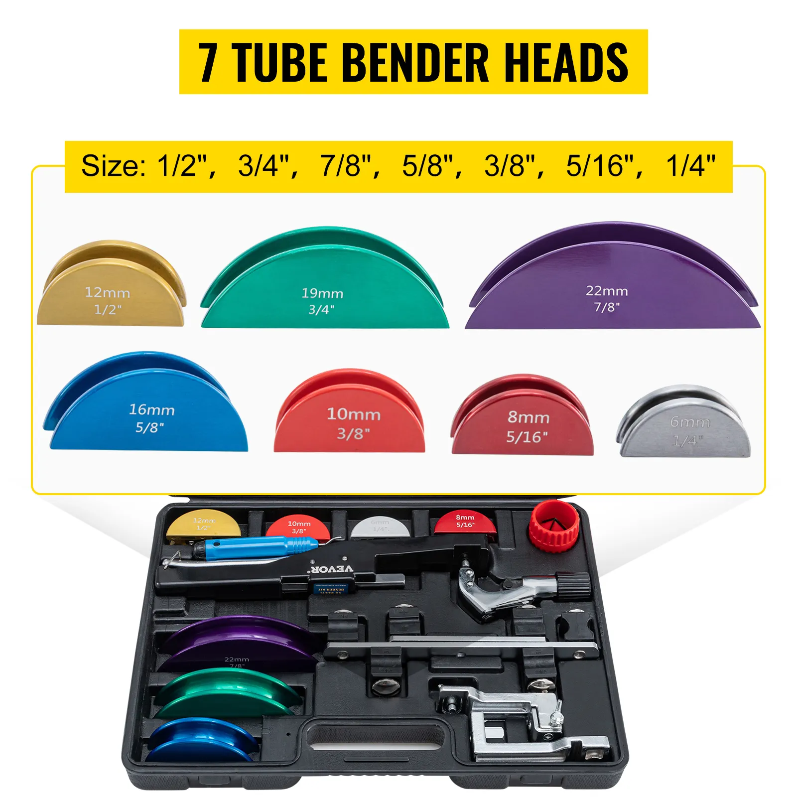 VEVOR copper pipe bender with 7 heads in sizes 1/2", 3/4", 7/8", 5/8", 3/8", 5/16", and 1/4".
