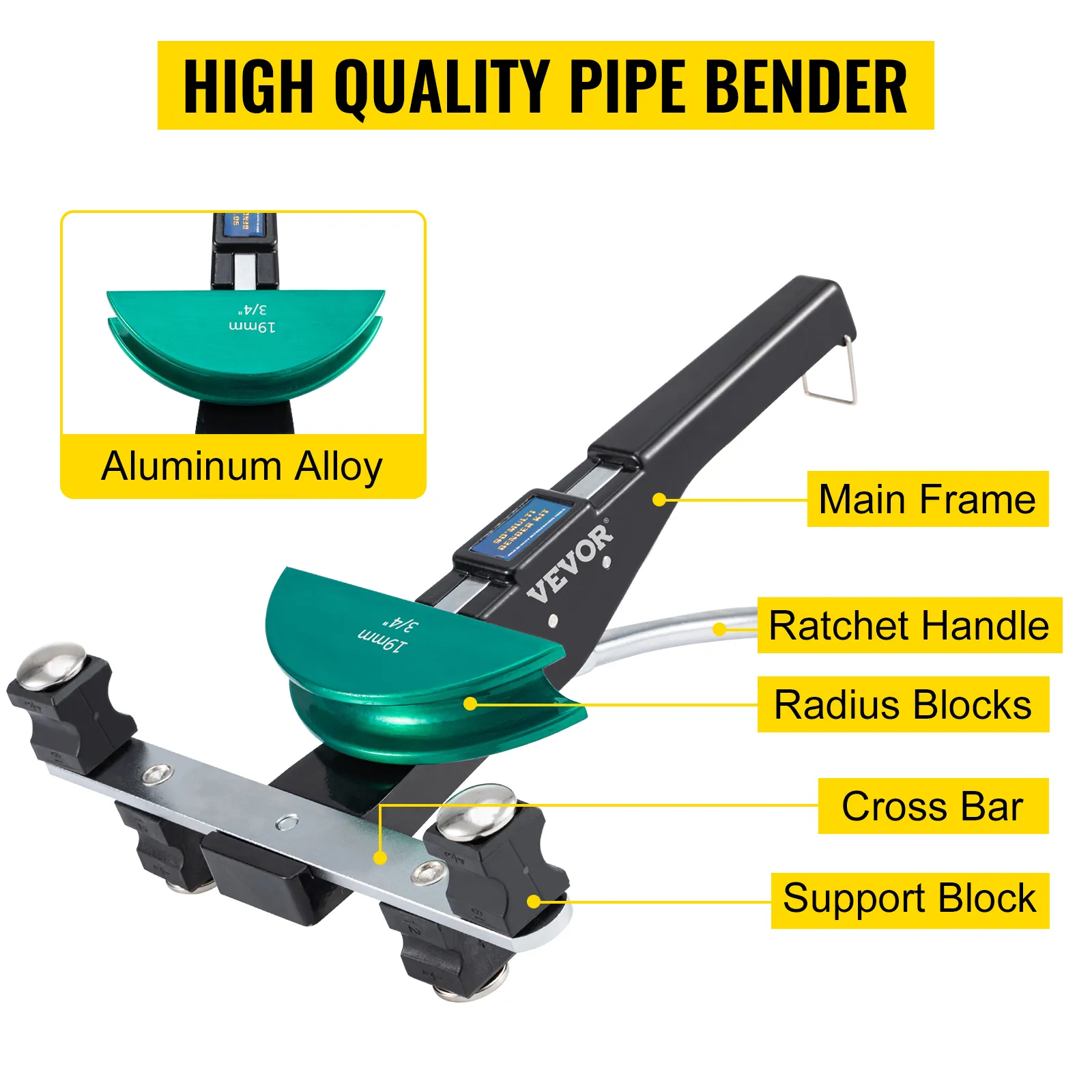 VEVOR copper pipe bender featuring aluminum alloy, main frame, ratchet handle, radius blocks, and support block.