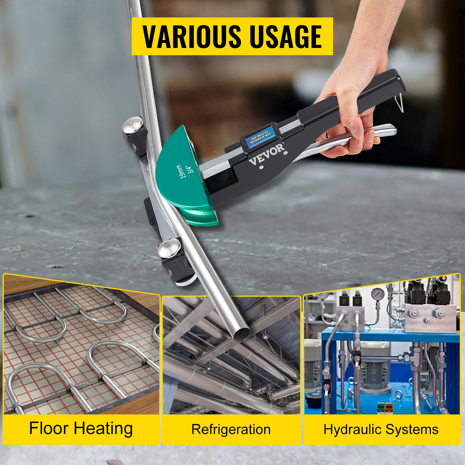 VEVOR copper pipe bender for floor heating, refrigeration, and hydraulic systems usage.