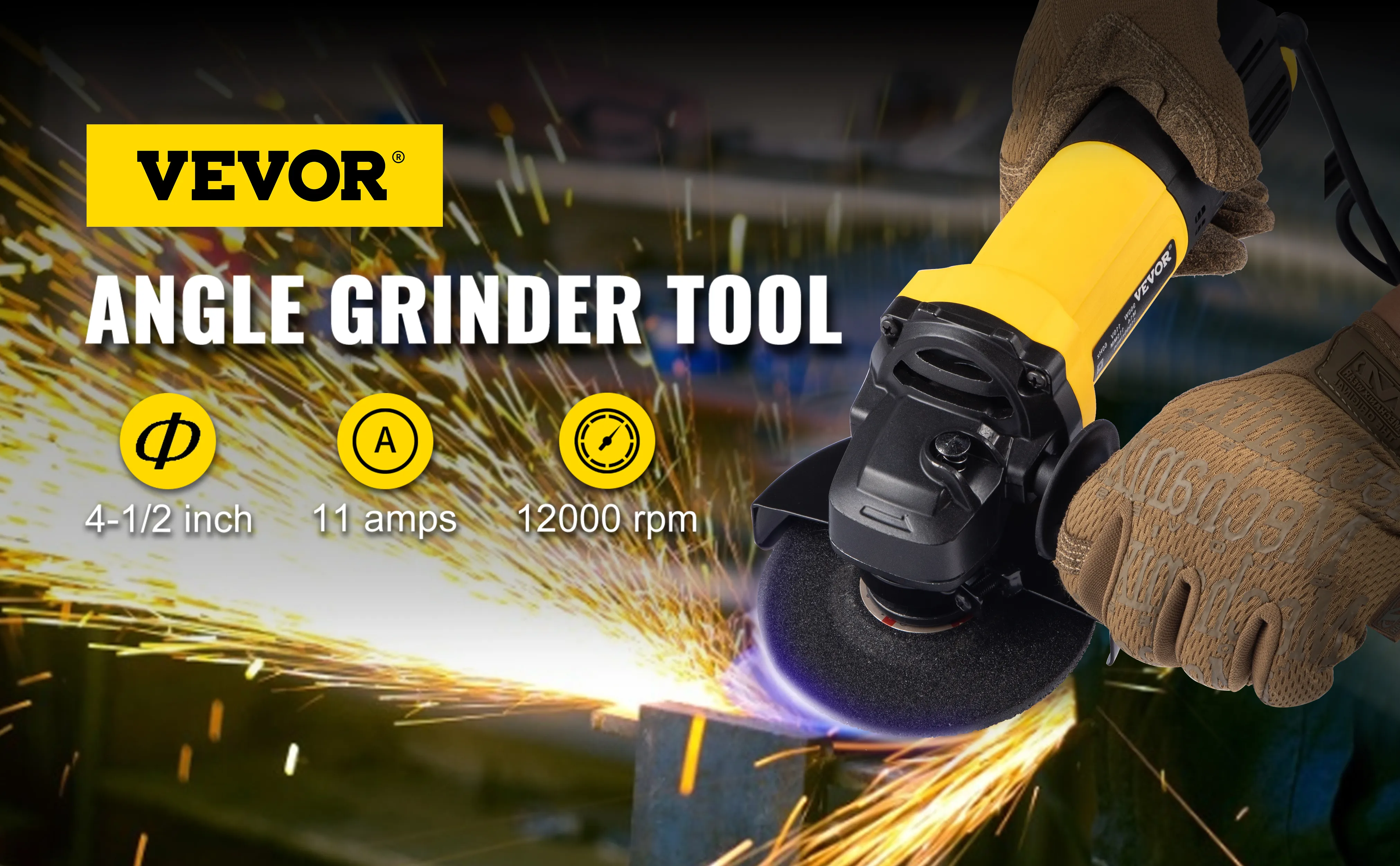 VEVOR angle grinder tool, 4-1/2 inch, 11 amps, 12000 rpm, sparks flying.