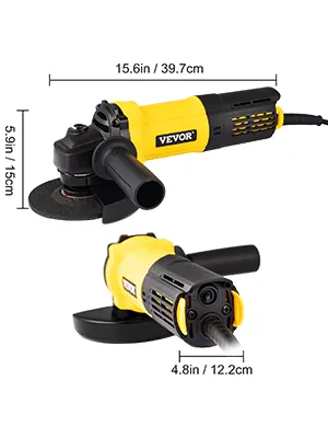 VEVOR angle grinder, 15.6in yellow and black power tool, with measurements.