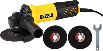 VEVOR angle grinder with extra discs and wrench, featuring a durable yellow and black design.