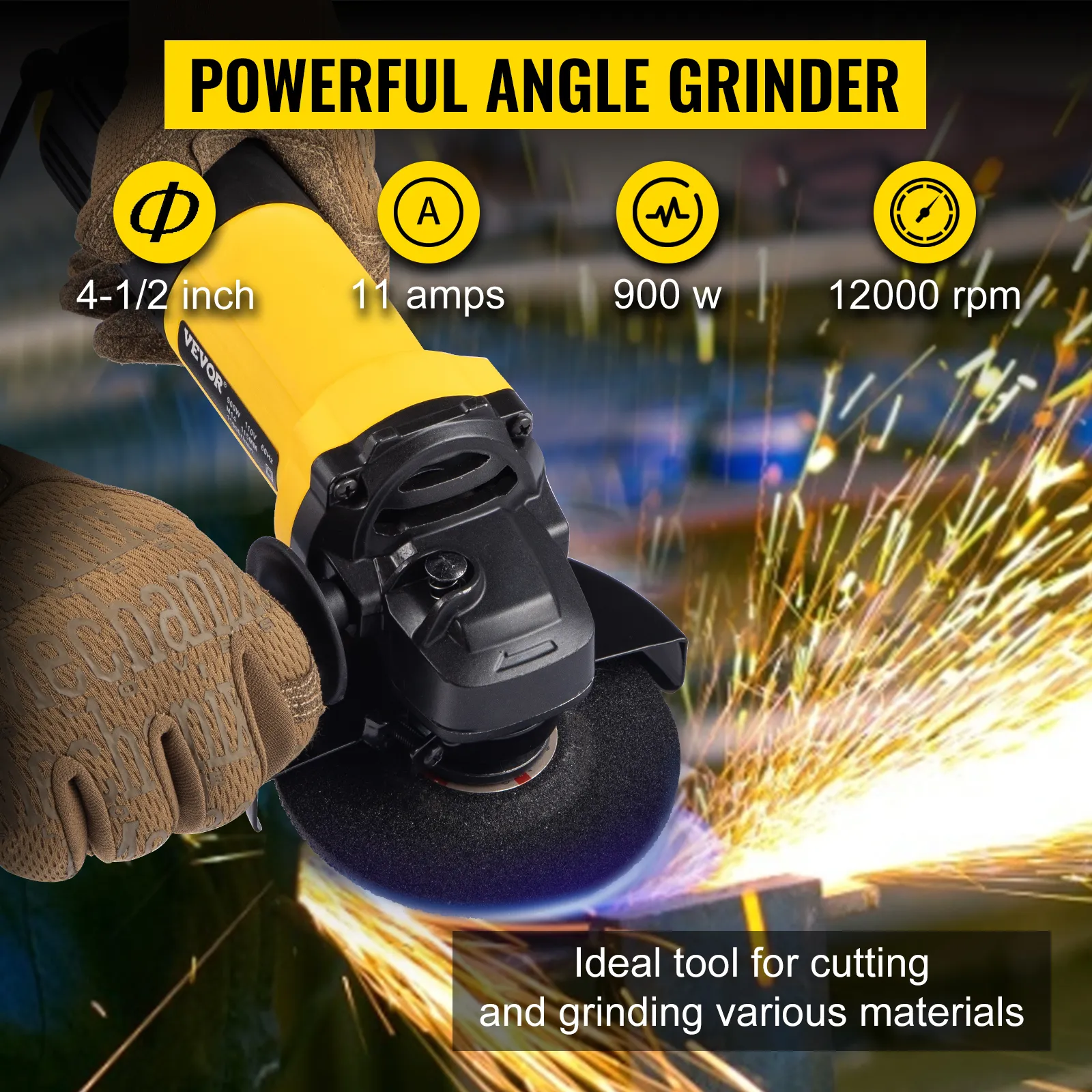 VEVOR angle grinder, 4-1/2 inch, 11 amps, 900w, 12000 rpm, sparks flying.