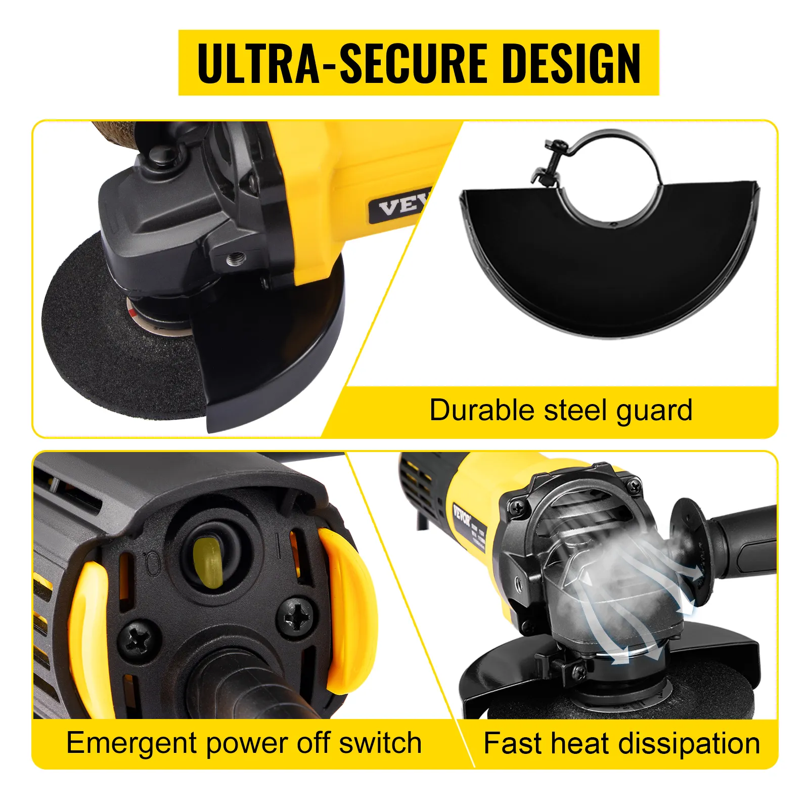 VEVOR angle grinder with steel guard, power off switch, and heat dissipation.