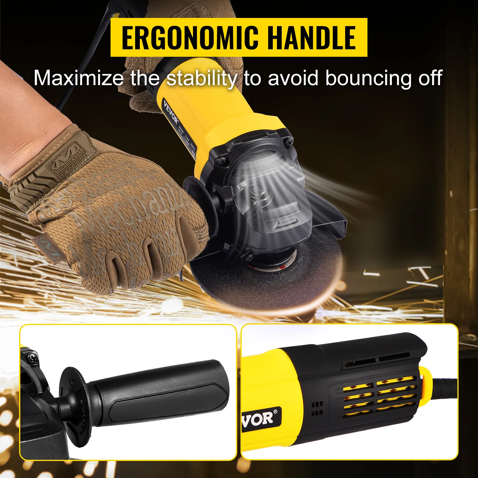 VEVOR angle grinder with ergonomic handle in use, showcasing stability features.