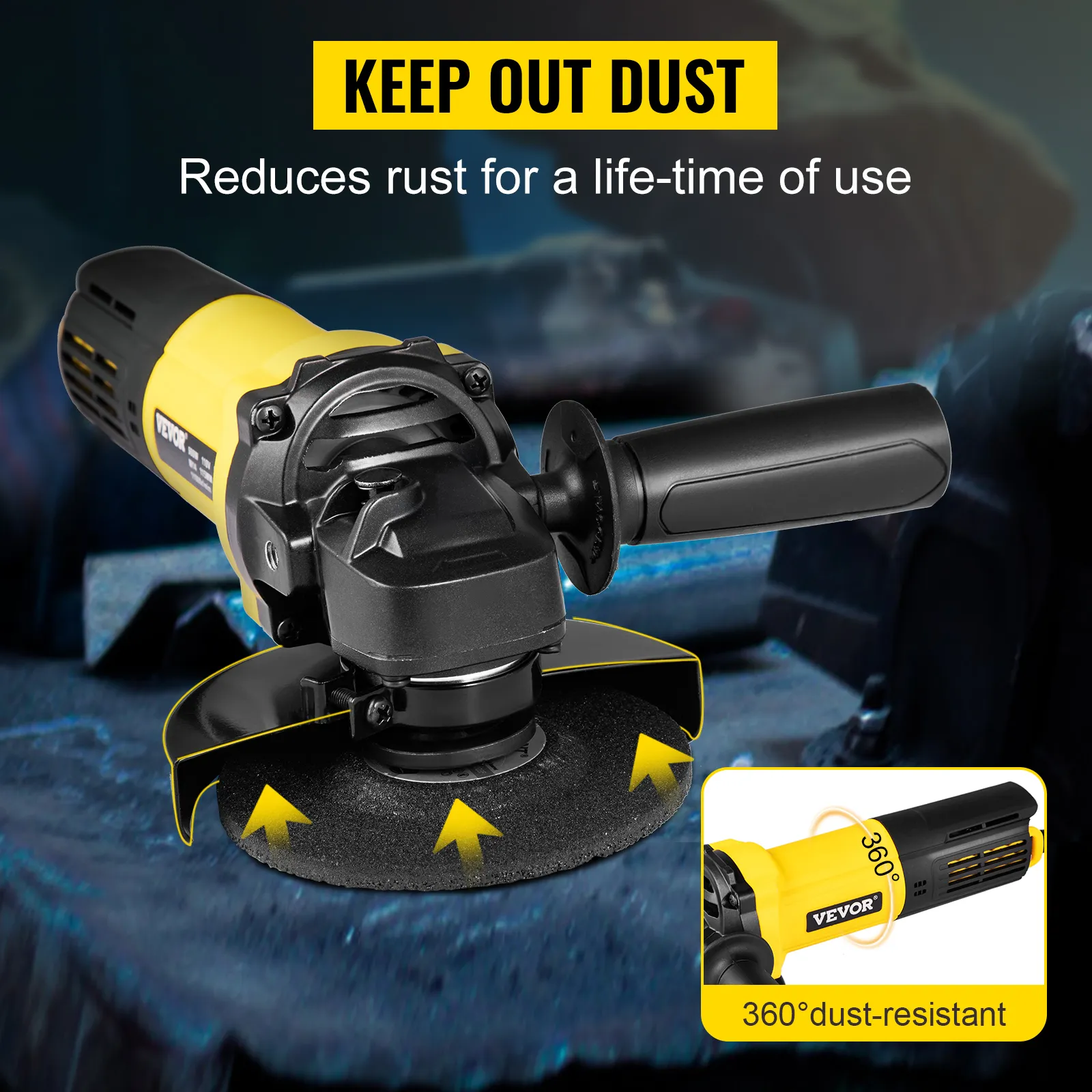 VEVOR angle grinder with dust-resistant feature and ergonomic handle for rust reduction.