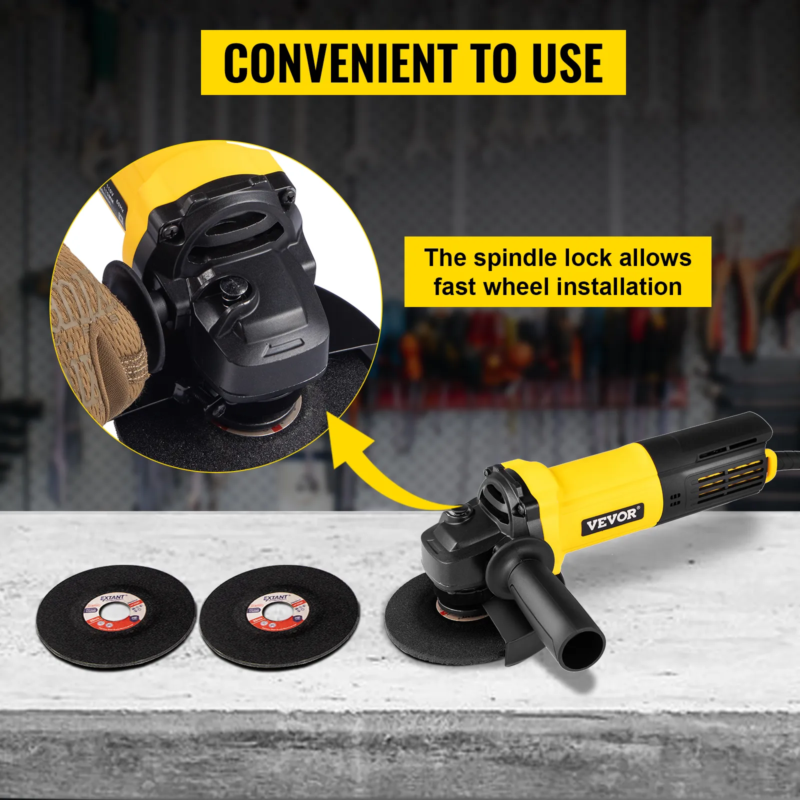 VEVOR angle grinder with spindle lock for quick wheel installation, shown with discs.
