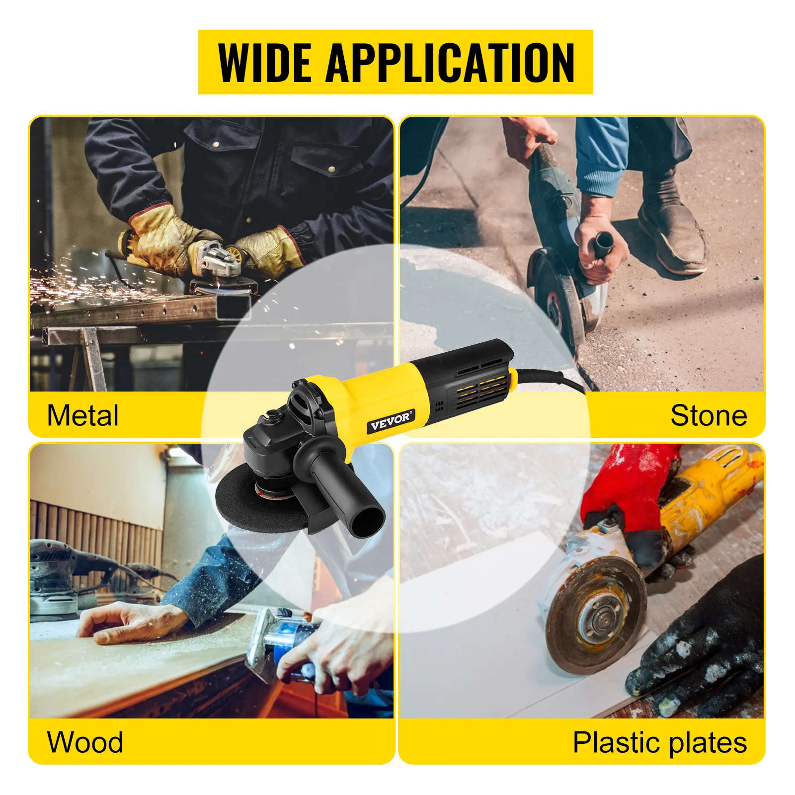 VEVOR angle grinder used on metal, stone, wood, and plastic plates, showcasing versatility.