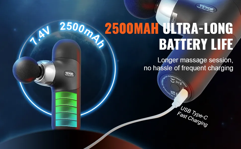 Pistolet do masażu VEVOR z baterią 2500 mAh, ładowaniem przez USB typu C i bardzo długą żywotnością baterii.
