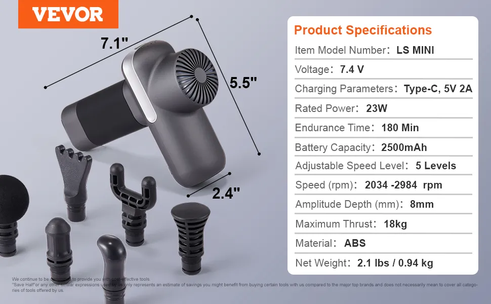 Pistola de masaje VEVOR con múltiples accesorios y especificaciones detalladas sobre fondo gris.