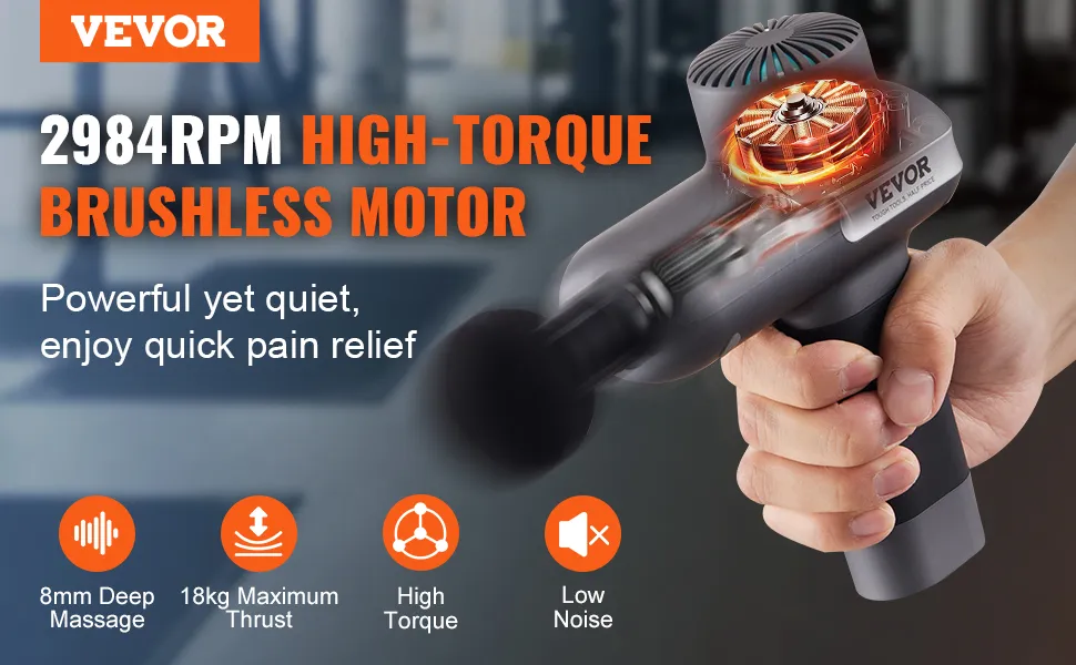 Pistola de masaje VEVOR con motor de alto torque de 2984 rpm para un alivio del dolor potente, silencioso y rápido