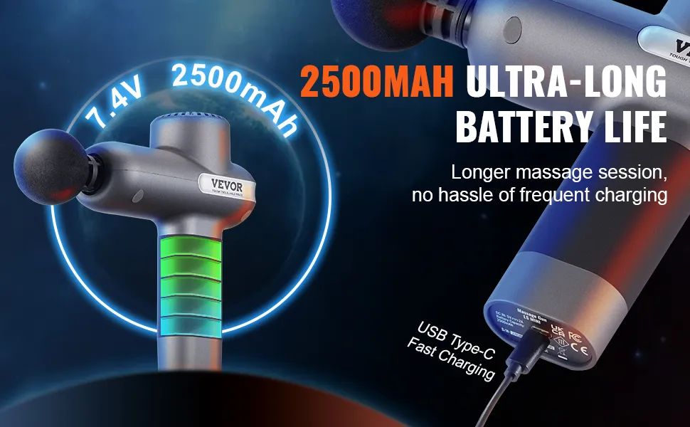 Pistola de masaje VEVOR con batería de 2500 mAh, carga rápida USB tipo C y alimentación de 7,4 V para sesiones largas.
