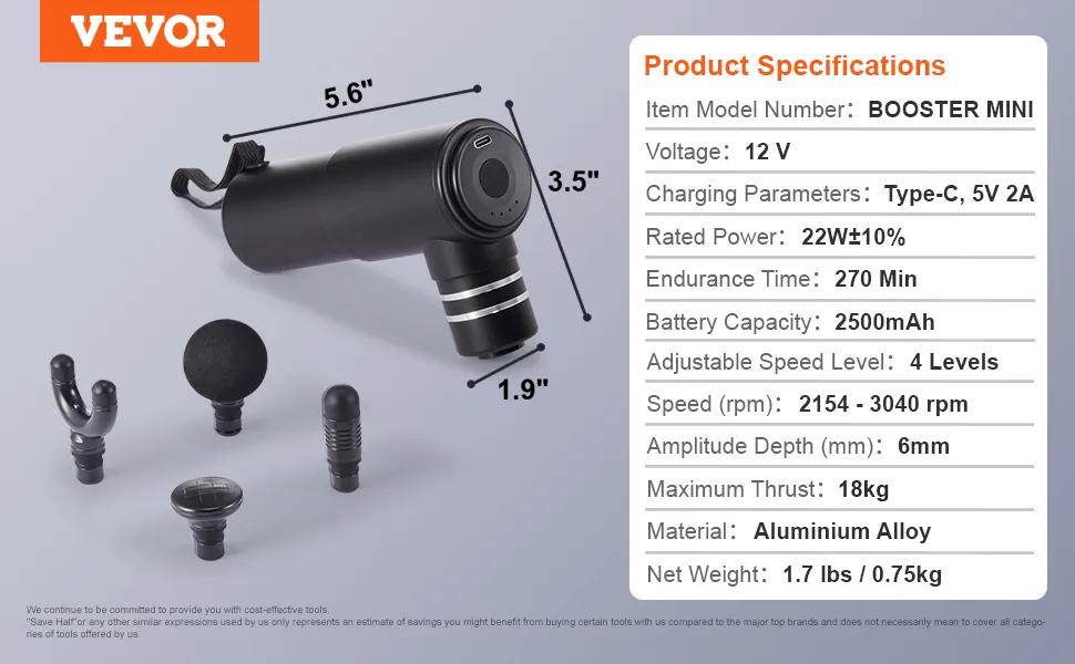 VEVOR-Massagepistole mit 5 Aufsätzen, Produktspezifikationen und Abmessungen 5,6"x3,5"x1,9".
