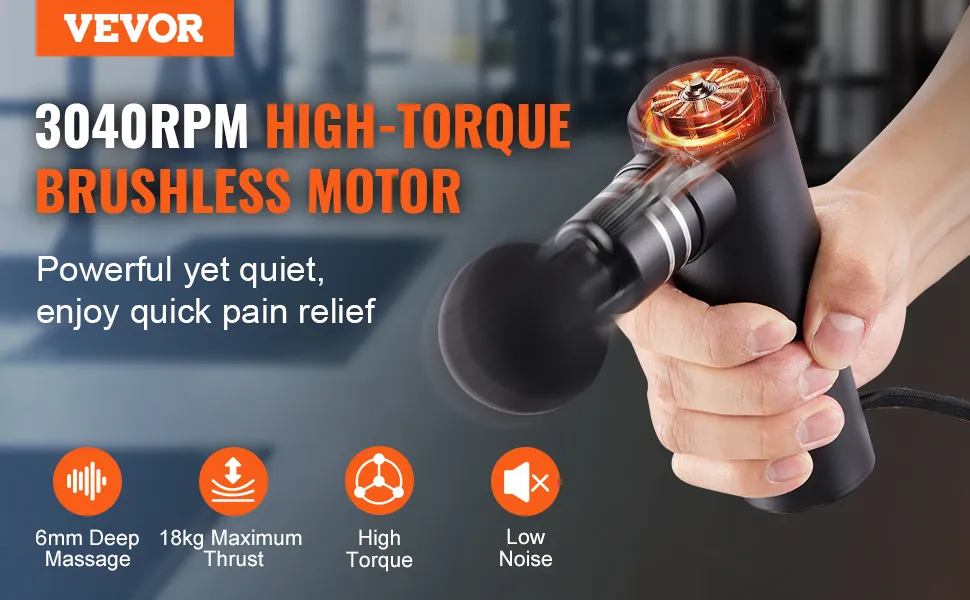 VEVOR-Massagepistole mit bürstenlosem 3040-U/min-Motor für leise, kraftvolle und tiefe Schmerzlinderung.