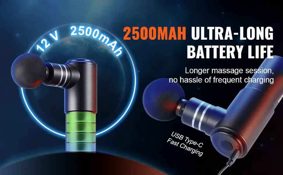 VEVOR-Massagepistole mit 2500-mAh-Akku, 12 V, USB-Typ-C-Schnellladung und ultralanger Akkulaufzeit.