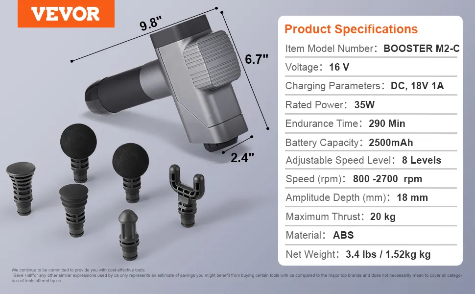 Pistolet de massage VEVOR avec 6 accessoires, 8 vitesses, 16v, puissance 35w, matériau abs, batterie 2500mah.