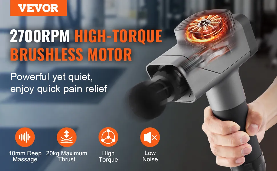 Pistolet de massage VEVOR avec moteur sans balai à couple élevé de 2700 tr/min, massage profond de 10 mm, faible bruit.