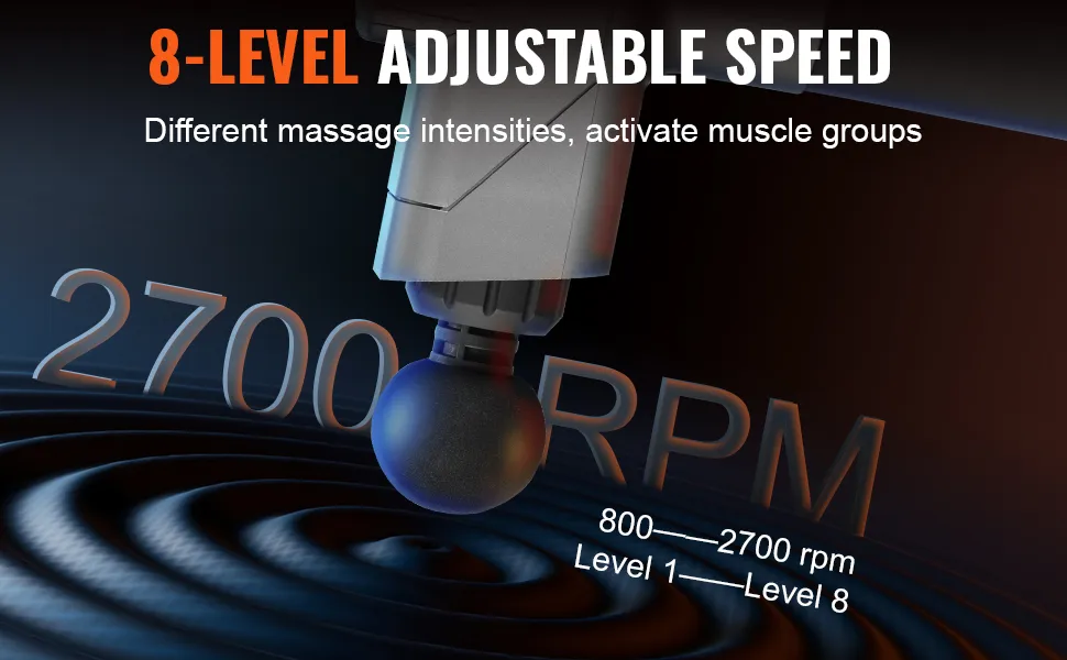 Pistolet de massage VEVOR avec 8 vitesses réglables allant de 800 à 2700 tr/min pour l'activation musculaire.