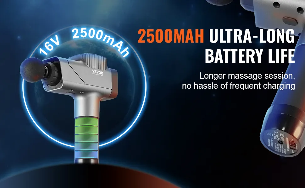 Pistolet de massage VEVOR doté d'une batterie ultra-longue durée de 2500 mAh pour des sessions prolongées.