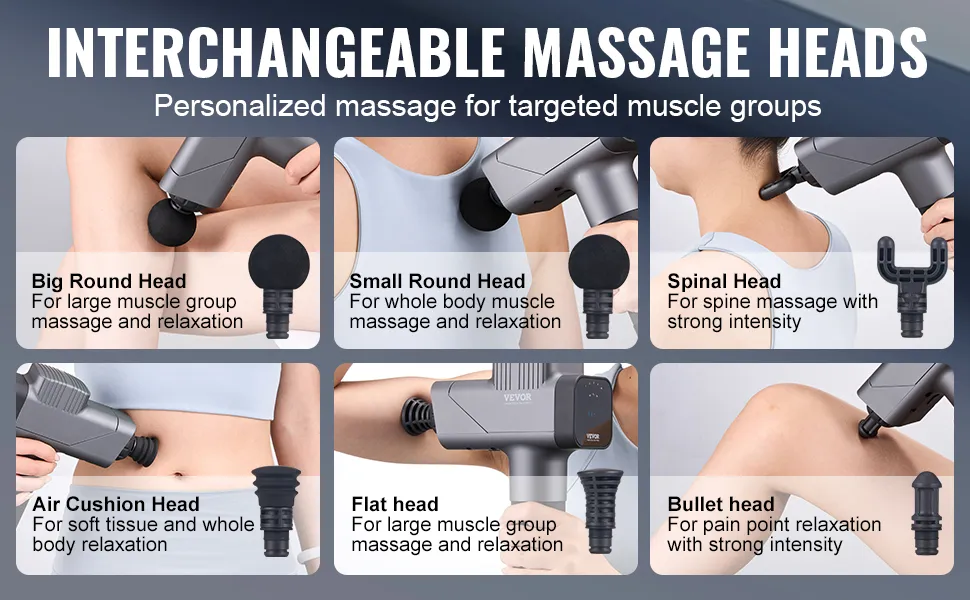Pistolet de massage VEVOR avec têtes interchangeables pour un soulagement musculaire ciblé et une relaxation.