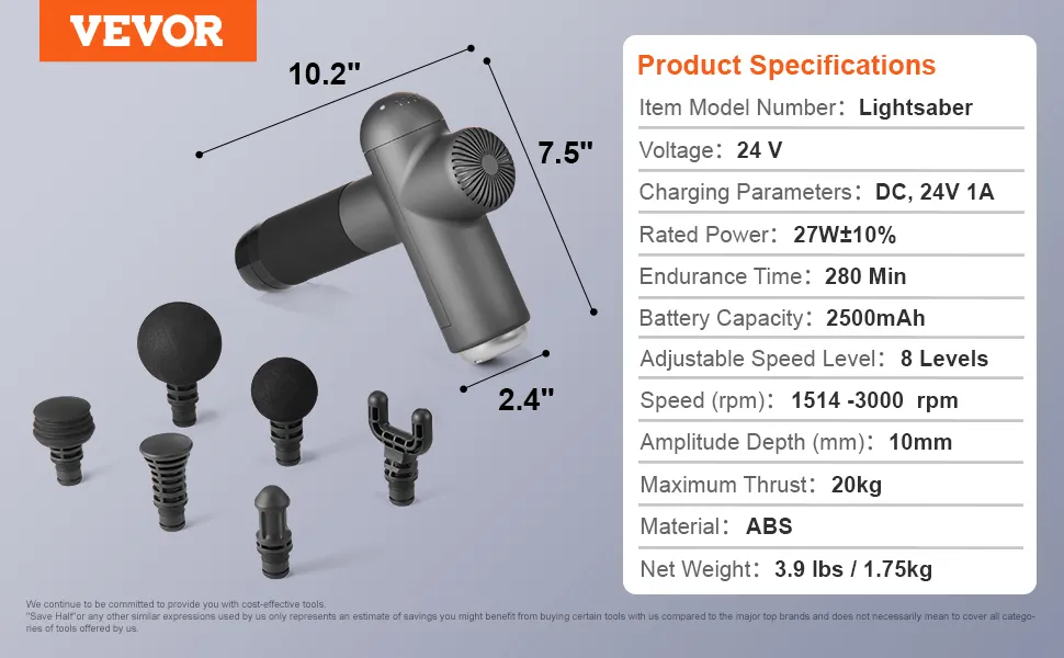 Pistola de masaje VEVOR con 8 accesorios, alimentación de 24 V, batería de 2500 mAh y 8 niveles de velocidad ajustables.