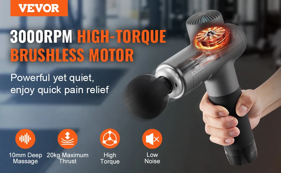 Pistola de masaje VEVOR con motor sin escobillas de alto torque de 3000 rpm, masaje profundo de 10 mm y bajo nivel de ruido.