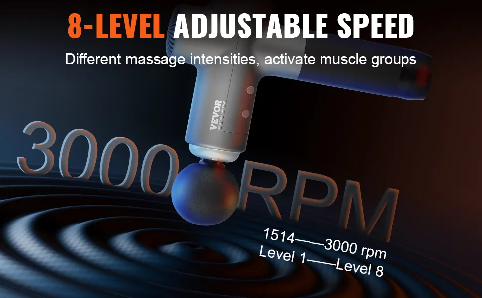 Pistola de masaje VEVOR con velocidad ajustable de 8 niveles, diferentes intensidades, 1514 a 3000 rpm.