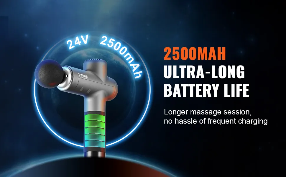 Pistola de masaje VEVOR con batería de 2500 mAh, alimentación de 24 V, que ofrece una duración de batería ultralarga para un uso prolongado.