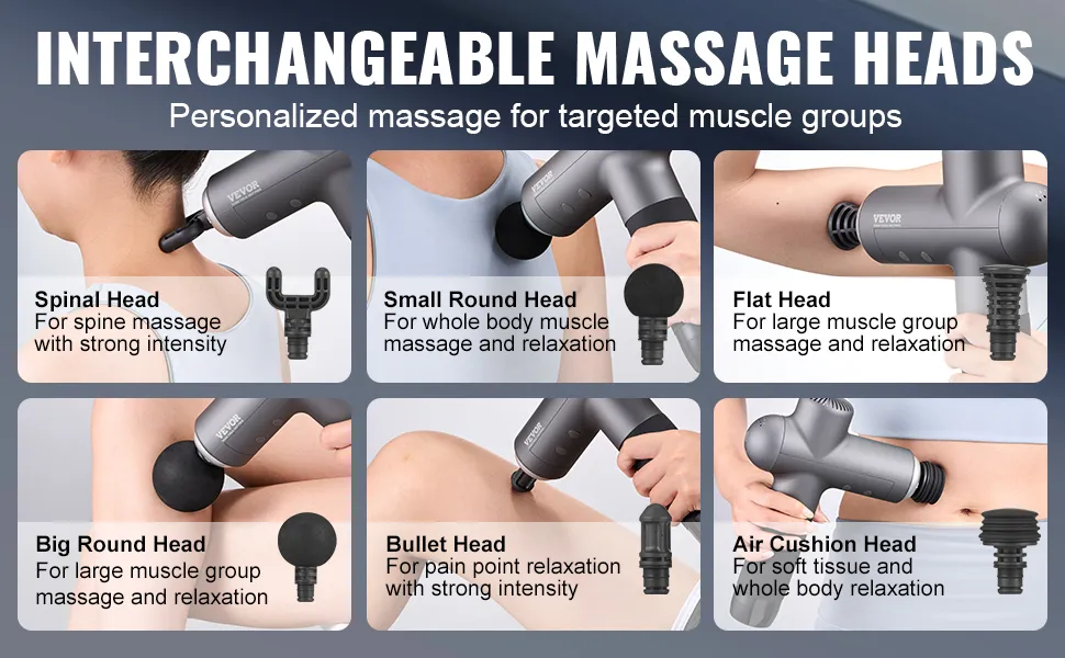 Pistola de masaje VEVOR que muestra seis cabezales intercambiables: espinal, redondo pequeño, plano, redondo grande, bala, cojín de aire.
