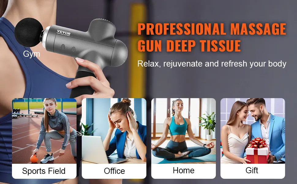 Pistola de masaje VEVOR que promueve el masaje de tejido profundo para gimnasios, campos deportivos, oficinas, hogares y como regalo.
