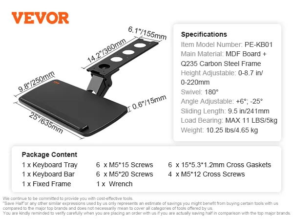 Bandeja de teclado VEVOR con giro ergonómico, altura ajustable y especificaciones detalladas.