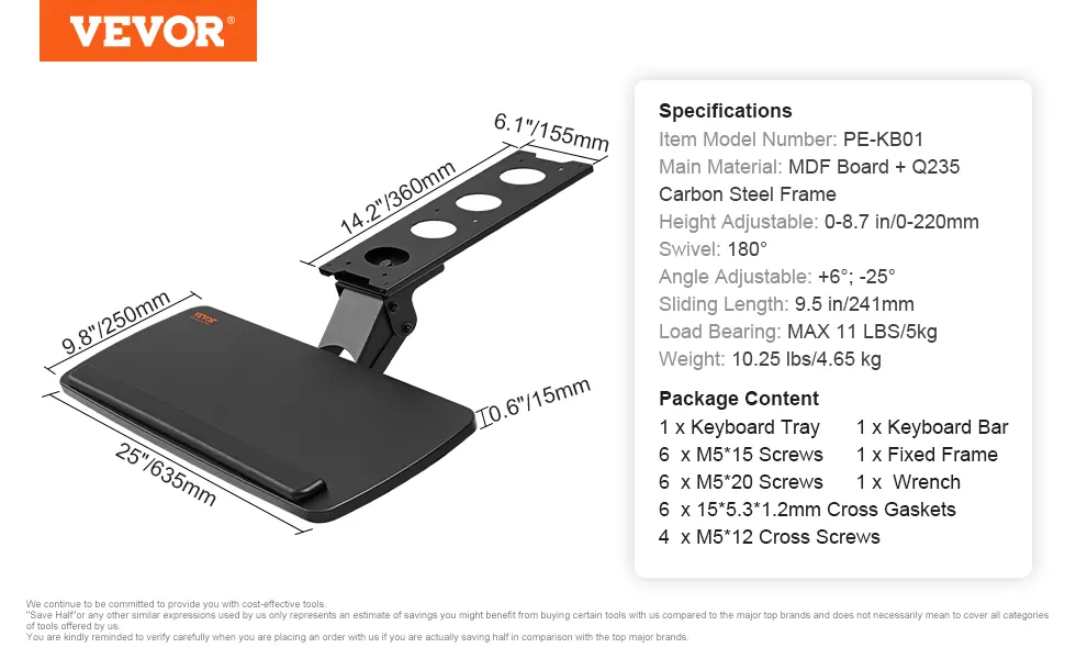 Bandeja de teclado VEVOR con giro ergonómico, altura ajustable y especificaciones detalladas.