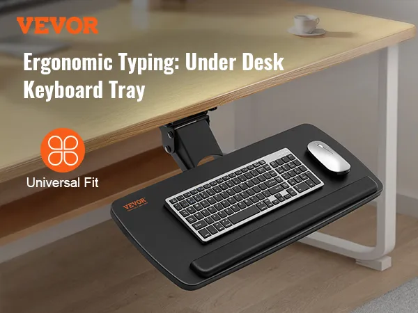 Bandeja de teclado VEVOR montada debajo de un escritorio, con configuración ergonómica de teclado y mouse.