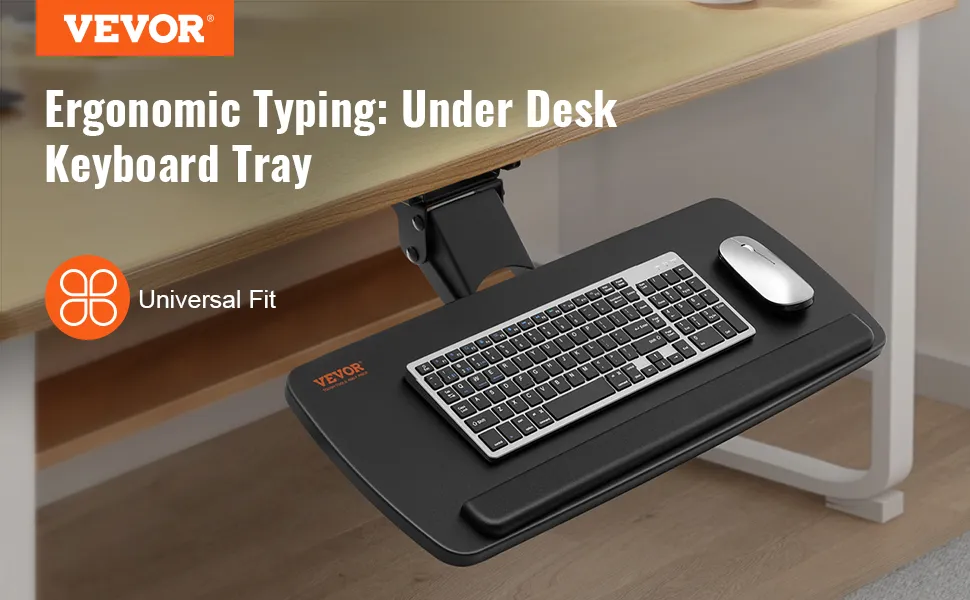 Bandeja de teclado VEVOR montada debajo de un escritorio, con configuración ergonómica de teclado y mouse.