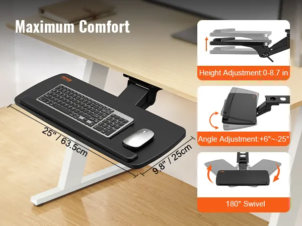 Bandeja de teclado VEVOR con altura ajustable, ángulo y giro de 180° para máxima comodidad.