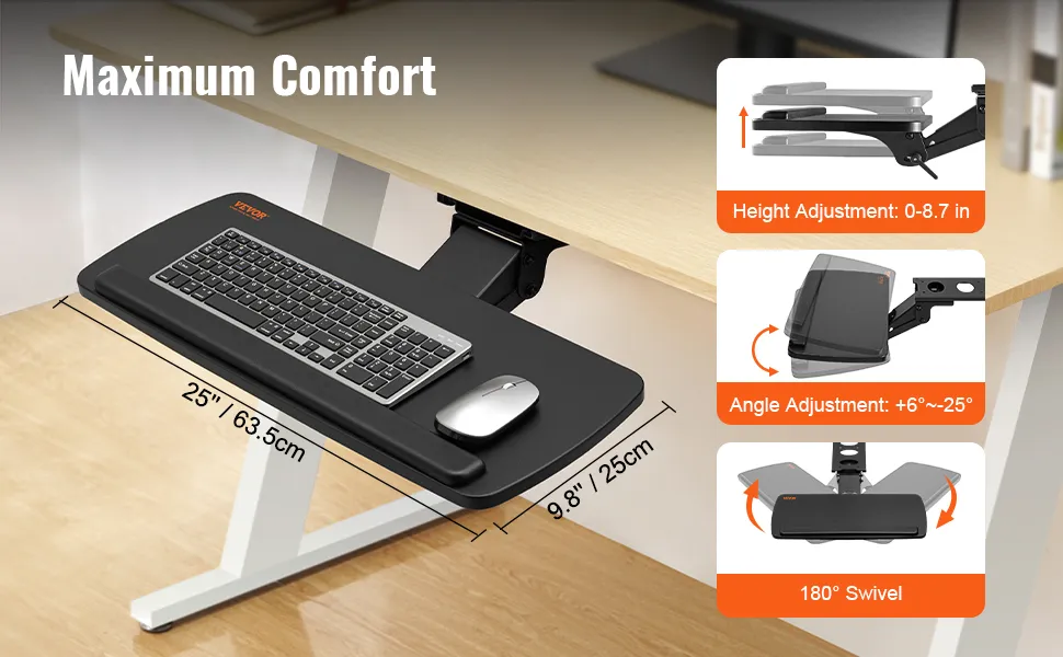 Bandeja de teclado VEVOR con altura ajustable, ángulo y giro de 180° para máxima comodidad.