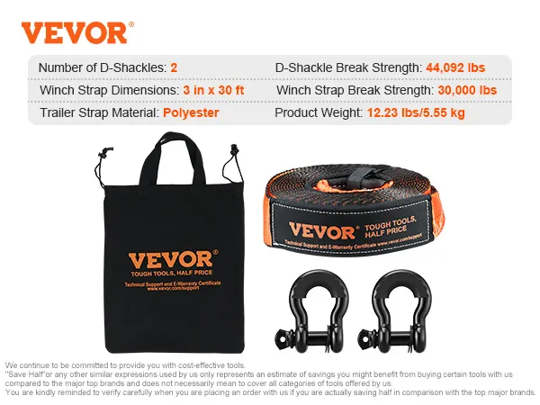 VEVOR off-road recovery kit with bag, winch strap, d-shackles, and product specifications.