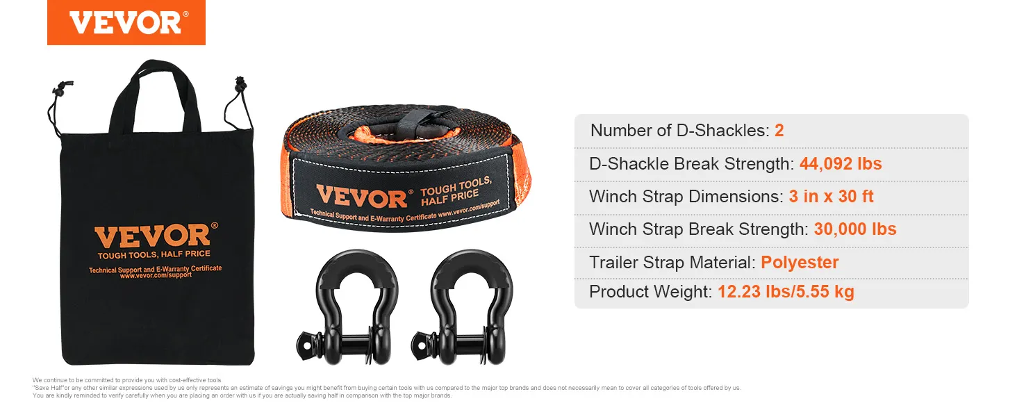 VEVOR off-road recovery kit with bag, winch strap, d-shackles, and product specifications.