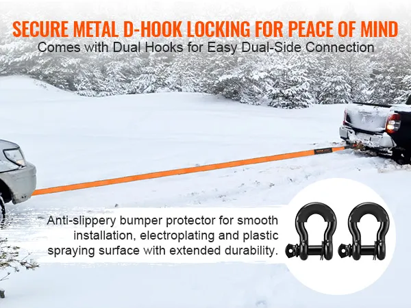 VEVOR off-road recovery kit: dual hooks, d-hook locking, towing truck on snowy terrain.